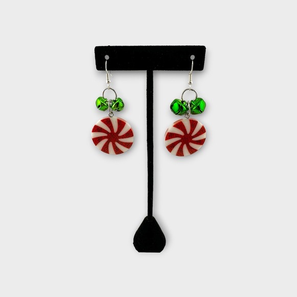 Peppermint Swirl Earrings with Green Jingle Bells - Picture 2 of 5